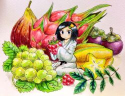 Rule 34 | 1girl, belt, black belt, black hair, blue eyes, blush stickers, borrowed character, check copyright, closed mouth, commentary request, copyright request, dougi, dragon fruit, food, food request, fruit, grapes, hair ornament, hairclip, holding, holding food, holding fruit, japanese clothes, karate gi, kimono, leaf, light frown, long sleeves, looking at viewer, no shoes, original, pants, raspberry, shadow, short hair, sitting, socks, star-shaped food, star (symbol), star hair ornament, starfruit, traditional media, v-shaped eyebrows, wariza, white kimono, white pants, white socks, wide sleeves, yamato koara