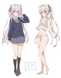Rule 34 | 1girl, absurdres, black ribbon, blue bow, blue bowtie, blue cardigan, bow, bow panties, bowtie, bra, breasts, cardigan, closed mouth, expressionless, full body, grey hair, hair between eyes, hair ribbon, highres, light blush, long hair, long sleeves, looking at viewer, multiple views, original, own hands together, panties, plaid, plaid skirt, rasahan, red eyes, ribbon, school uniform, simple background, skirt, small breasts, striped bow, striped bowtie, striped clothes, translated, twintails, underwear, white background, white bra, white panties