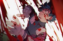 Rule 34 | 1boy, blood, blood on clothes, blood on face, blood on gloves, blurry, blurry foreground, bodysuit, boku no hero academia, clenched teeth, commentary request, constricted pupils, curly hair, cuts, depth of field, falling, film grain, floating hair, freckles, from side, furrowed brow, green bodysuit, green eyes, green hair, hands up, injury, looking ahead, looking away, looking up, male focus, matsuya (pile), midoriya izuku, partial commentary, profile, raining blood, scowl, short hair, sideways mouth, simple background, solo, splashing, surprised, teeth, torn clothes, torn sleeves, twitter username, upper body, white background, wide-eyed