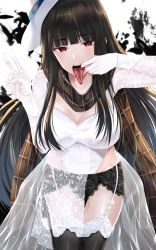 Rule 34 | black hair, black thighhighs, breasts, checkered clothes, checkered scarf, cleavage, fate/grand order, fate (series), garter belt, hat, highres, lingerie, long hair, long tongue, looking at viewer, nicky w, oryou (fate), red eyes, scarf, solo, thighhighs, thighs, tongue, tongue out, underwear, v, white hat