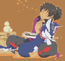 Rule 34 | 00s, 1boy, barefoot, black hair, blush, bottle, brown background, cup, dog, fish, fish (food), food, green eyes, josephine-843, male focus, ponytail, raven (tales), repede (tales), solo, tales of (series), tales of vesperia