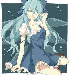 Rule 34 | 1girl, alternate hairstyle, bad id, bad pixiv id, blue dress, blue eyes, blue hair, bow, breasts, cirno, dress, hair bow, hair ornament, ice, ice wings, kuromari (runia), long hair, matching hair/eyes, medium breasts, aged up, one eye closed, open mouth, ruina, shoes, sitting, solo, touhou, wings, wink