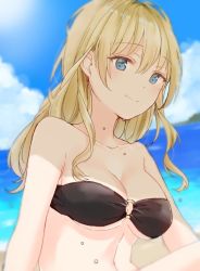Rule 34 | 10s, 1girl, alternate hairstyle, bandeau, beach, bikini, black bikini, blonde hair, blue eyes, blurry, blurry background, blurry foreground, breasts, cleavage, closed mouth, cloud, cloudy sky, collarbone, commentary, darjeeling (girls und panzer), day, depth of field, girls und panzer, hair down, long hair, looking at viewer, medium breasts, o-ring, o-ring bikini, ocean, outdoors, sky, smile, solo, strapless, strapless bikini, swept bangs, swimsuit, tam a mat, water drop, wet