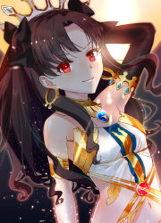 Rule 34 | &gt;:), 1girl, archer (ishtar), arm up, armlet, bare arms, bare shoulders, black gloves, black hair, black ribbon, blush, c:, closed mouth, clothing cutout, crown, earrings, elbow gloves, fate/grand order, fate (series), female focus, gem, gloves, hair ribbon, highres, hoop earrings, ishtar (fate), jewelry, long hair, looking at viewer, midriff, naughty face, navel, navel cutout, neck, neck ring, parted bangs, red eyes, revealing clothes, ribbon, single elbow glove, single glove, smile, solo, strapless, sunset, tohsaka rin, two side up, type-moon