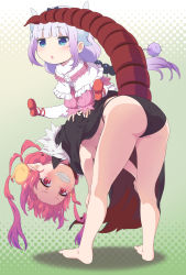 Rule 34 | 2girls, ass, barefoot, beads, bent over, black cloak, black panties, blue eyes, blunt bangs, capelet, cloak, commentary request, dragon girl, dragon horns, dragon tail, dress, feet, grey background, grin, hair beads, hair ornament, highres, horns, ilulu (maidragon), jumping, kanna kamui, kobayashi-san chi no maidragon, legs, low twintails, misashi (raichi821), multiple girls, no pants, open mouth, panties, pink dress, pink hair, pointy ears, red eyes, red footwear, red hair, ribbon, sharp teeth, shoes, short dress, simple background, slit pupils, smile, tail, teeth, thighhighs, thighs, twintails, underwear, white capelet, white legwear