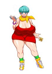 Rule 34 | 1girl, bare shoulders, blue eyes, blush, bracelet, breasts, bulma, bunkwizard, cellphone, cleavage, condom, condom wrapper, covered erect nipples, dragon ball, dragonball z, dress, earrings, embarrassed, feet, female focus, full body, green hair, groin, high heels, holding, holding condom, holding phone, huge breasts, jewelry, legs, looking at viewer, mature female, phone, red dress, ring, scarf, shoes, short hair, smile, sneakers, solo, source request, sweat, thick thighs, thighs, wedding band, yellow scarf