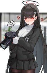 1boy 1girl absurdres anger_vein bar_censor black_hair black_pantyhose blazer blue_archive blush camera censored doodle_sensei_(blue_archive) hair_ornament hairclip highres holding holding_camera inset jacket kiyoi_(gyhw8444) long_hair looking_at_viewer pantyhose pleated_skirt red_eyes red_nails ringed_eyes rio_(blue_archive) sensei_(blue_archive) skirt sleeves_past_wrists sweater turtleneck turtleneck_sweater very_long_hair