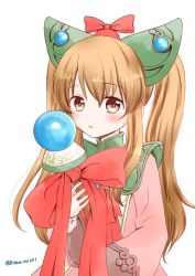 Rule 34 | 1girl, blush, bow, brown eyes, brown hair, commentary request, dress, ear covers, holding, long hair, looking at viewer, lymle lemuri phi, simple background, solo, staff, star ocean, star ocean the last hope, tiramisu651, twintails, white background