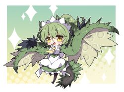 Rule 34 | 1girl, :d, apron, black bow, black footwear, black pantyhose, blouse, blush, bow, breasts, brown wings, center frills, chibi, commentary request, dragon girl, dragon horns, dragon tail, dragon wings, dress, frills, full body, green dress, green hair, hair between eyes, halftone, halftone background, highres, horns, large breasts, milkpanda, monster hunter (series), necktie, open mouth, pantyhose, personification, rathian, shirt, shoes, short eyebrows, smile, solo, sparkle, spikes, standing, standing on one leg, tail, thick eyebrows, white apron, white shirt, wings, yellow eyes, yellow necktie