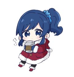 Rule 34 | 1girl, aikatsu!, aikatsu! (series), black pantyhose, blue eyes, blue hair, blue scrunchie, blush, boots, chibi, closed mouth, coffee cup, cup, disposable cup, full body, fur-trimmed boots, fur-trimmed jacket, fur trim, hair ornament, hair scrunchie, hat, holding, holding cup, jacket, kiriya aoi, looking at viewer, nozo (hitomiz), pantyhose, red footwear, red hat, red jacket, santa hat, scrunchie, side ponytail, simple background, solo, white background