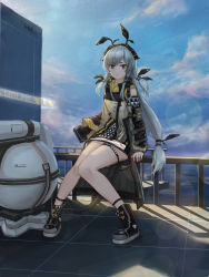 Rule 34 | 1girl, absurdres, arknights, closed mouth, cloud, day, detached sleeves, full body, grey hair, hair ornament, highres, hua ming wink, jacket, long hair, long sleeves, looking at viewer, low-tied long hair, low ponytail, outdoors, red eyes, ribbon, shoes, sitting, sky, solo, tail, thigh strap, weedy (arknights)