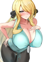 Rule 34 | 1girl, blonde hair, blush, breasts, closed mouth, creatures (company), cynthia (pokemon), game freak, grey eyes, hair ornament, hair over one eye, hand on own hip, highres, kaoru1307, large breasts, long hair, looking at viewer, mature female, nintendo, pokemon, pokemon (anime), pokemon bw (anime), simple background, solo, upset, very long hair