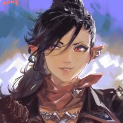 Rule 34 | 1girl, artist name, black hair, earclip, elezen, elf, final fantasy, final fantasy xiv, frischenq, hair between eyes, high ponytail, hilda ware, long hair, looking to the side, multicolored background, neckerchief, no lineart, parted lips, pointy ears, ponytail, portrait, red eyes, red neckerchief, sideways glance, smile, solo, swept bangs