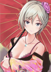 Rule 34 | 1girl, anastasia (idolmaster), blue eyes, bra, breasts, cleavage, collarbone, flower, hair between eyes, hair flower, hair ornament, holding, holding umbrella, idolmaster, idolmaster cinderella girls, japanese clothes, jewelry, kimono, looking at viewer, medium breasts, nannacy7, necklace, oil-paper umbrella, pink bra, pink flower, red umbrella, short hair, silver hair, smile, solo, sparkle, umbrella, underwear, upper body, yukata