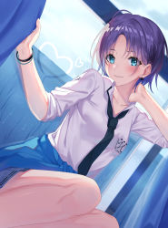 Rule 34 | 1girl, arm up, asakura toru, black necktie, blue eyes, blush, breast pocket, clothes around waist, collarbone, collared shirt, curtains, dutch angle, earrings, feet out of frame, grey skirt, hachinatsu, hand on own neck, head tilt, highres, idolmaster, idolmaster shiny colors, indoors, jewelry, looking at viewer, miniskirt, necktie, parted bangs, parted lips, pocket, purple hair, school uniform, shirt, short hair, short sleeves, skirt, smile, solo, squatting, star (symbol), white shirt, wings, wristband