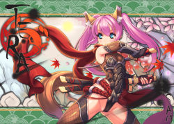 Rule 34 | 1girl, animal ears, blue eyes, bodysuit, cameltoe, dated, dog ears, dual wielding, ecell, elbow gloves, elin, fighting stance, fingerless gloves, fishnet thighhighs, fishnets, gloves, holding, long hair, pink hair, scarf, sheath, solo, sword, tail, tera online, thighhighs, thighs, twintails, unsheathing, weapon