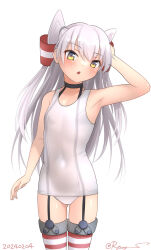 Rule 34 | 1girl, amatsukaze (kancolle), black choker, choker, covered navel, cowboy shot, dated, garter straps, hair tubes, kantai collection, long hair, one-hour drawing challenge, one-piece swimsuit, ray.s, school swimsuit, see-through, simple background, solo, striped clothes, striped thighhighs, swimsuit, thigh gap, thighhighs, twitter username, two side up, white background, white hair, white one-piece swimsuit, yellow eyes