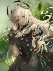 Rule 34 | 1girl, bare shoulders, black dress, black sleeves, braid, breasts, cleavage, detached collar, detached sleeves, dress, earrings, feather hair ornament, feathers, french braid, grey hair, hair ornament, highres, jewelry, liv: empyrea (dreamcatcher) (punishing: gray raven), liv: empyrea (punishing: gray raven), liv (punishing: gray raven), long hair, looking at viewer, maoliaijulizi, medium breasts, parted lips, punishing: gray raven, solo, very long hair, wing hair ornament, yellow eyes