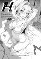 Rule 34 | 1girl, alternate breast size, armpits, ass, bed, blush, bra, breasts, cleavage, emilia hermit, from above, highres, hundred (light novel), japanese text, large breasts, legs, long hair, looking at viewer, monochrome, navel, official art, panties, sitting, smile, sweat, thighhighs, thighs, tongue, tongue out, translation request, underwear