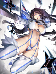 Rule 34 | 1girl, absurdres, black hair, boots, breasts, cameltoe, chinese commentary, cleavage, commentary, covered erect nipples, gloves, gluteal fold, highres, holding, holding sword, holding weapon, jinlin, junketsu, kill la kill, kiryuuin satsuki, large breasts, long hair, looking at viewer, midair, navel, open mouth, outstretched arm, purple eyes, revealing clothes, revision, simple background, solo, stomach, sword, thigh boots, very long hair, weapon, white background, white footwear, white gloves