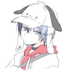 Rule 34 | 1boy, animal ears, animal hat, aoyagi touya, baseball cap, black collar, black hair, closed mouth, collar, commentary, drawstring, fake animal ears, grey eyes, grey hair, hat, hood, hood down, hoodie, jacket, kuroi (liar-player), looking at viewer, male focus, mole, mole under eye, multicolored hair, official alternate costume, open clothes, open jacket, project sekai, red hoodie, simple background, solo, twitter username, two-tone hair, white background, white hat, white jacket