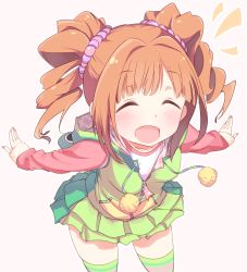 Rule 34 | 1girl, blush, drill hair, ekusiregaia, closed eyes, idolmaster, idolmaster (classic), long sleeves, open mouth, orange hair, outstretched arms, short hair, skirt, solo, takatsuki yayoi, thighhighs, twintails, white background