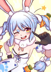 Rule 34 | 1girl, animal ears, black gloves, blue hair, bow, braid, breasts, butter spoon, carrot hair ornament, cleavage, detached sleeves, don-chan (usada pekora), dress, food-themed hair ornament, fur-trimmed gloves, fur trim, gloves, hair bow, hair ornament, hand on own hip, highres, hololive, long hair, medium breasts, multicolored hair, one eye closed, open mouth, orange eyes, rabbit-shaped pupils, rabbit ears, rabbit girl, raised eyebrow, round teeth, smile, solo, star (symbol), strapless, strapless dress, symbol-shaped pupils, teeth, thick eyebrows, twin braids, two-tone hair, upper body, usada pekora, virtual youtuber, white dress, white hair