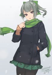 Rule 34 | 10s, 1girl, artist name, black pantyhose, coat, dated, green ribbon, grey background, grey hair, hair ribbon, hand in pocket, kantai collection, looking at viewer, pantyhose, parted lips, pleated skirt, ponytail, purple eyes, ribbon, rokuwata tomoe, scarf, simple background, skirt, snowing, solo, sweater, teeth, twitter username, winter clothes, winter coat, yuubari (kancolle)