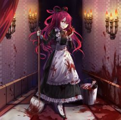 Rule 34 | 1girl, blood, blood on clothes, bone, bucket, candle, heart (organ), highres, kim eb, long hair, looking at viewer, maid, mop, original, pale skin, red eyes, red hair, saliva, smile, solo, vampire, white legwear