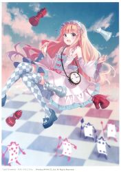 Rule 34 | 1girl, absurdres, alice in wonderland, argyle, argyle clothes, argyle legwear, bishop (chess), blonde hair, blue eyes, checkered floor, chess piece, clock, detached sleeves, dress, floating hair, fukahire (ruinon), hairband, highres, king (chess), knight (chess), last chronicle, lolita fashion, lolita hairband, long hair, looking at viewer, open mouth, rook (chess), sleeveless, sleeveless dress, solo, thighhighs, very long hair