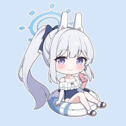 Rule 34 | 1girl, animal ears, blue archive, blue background, blue halo, blue one-piece swimsuit, cellphone, covered navel, fake animal ears, frilled one-piece swimsuit, frills, full body, grey hair, halo, holding, holding phone, innertube, kurumi lm, long hair, miyako (blue archive), miyako (swimsuit) (blue archive), official alternate costume, one-piece swimsuit, phone, ponytail, purple eyes, rabbit ears, simple background, smartphone, solo, swim ring, swimsuit