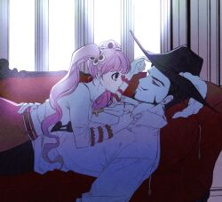 Rule 34 | 1boy, 1girl, age difference, backlighting, black hair, black headwear, black pants, couch, cross, dracule mihawk, eye contact, frilled sleeves, frills, from side, hat, hat feather, highres, long hair, looking at another, lying on person, one piece, pants, perona, pink hair, couch, red skirt, shirt, short hair, skirt, sleeves past elbows, tareme, twintails, very short hair, white shirt, window