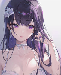 Rule 34 | 1girl, ahoge, bare arms, bare shoulders, black hair, bra, breasts, choker, cleavage, collarbone, earrings, flower, hair flower, hair ornament, hand up, jewelry, large breasts, looking away, looking to the side, mole, mole under eye, nail polish, original, parted lips, purple eyes, purple nails, ribbon choker, solo, spaghetti strap, ttosom, underwear, upper body, white bra, white choker