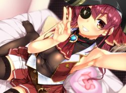 Rule 34 | 1girl, arm up, armpits, bare shoulders, black bodysuit, black hat, black pantyhose, black thighhighs, blush, bodysuit, breasts, cleavage, commentary request, covered erect nipples, covered navel, eyepatch, grin, hat, highres, hololive, houshou marine, leotard, leotard under clothes, long hair, looking at viewer, pantyhose, pleated skirt, red eyes, red hair, red skirt, see-through, see-through cleavage, see-through leotard, selfie, skirt, smile, solo, thighhighs, tries, twintails, two-tone skirt, v, virtual youtuber, white skirt, yes-no pillow