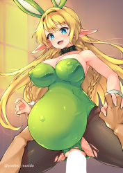 Rule 34 | 1boy, 1girl, :d, animal ears, bare shoulders, black pantyhose, blonde hair, blue eyes, blue pupils, braid, breasts, bright pupils, censored, cleavage, closed eyes, collar, collarbone, covered erect nipples, cowgirl position, elf, fake animal ears, fingernails, fishnet pantyhose, fishnets, girl on top, green hairband, green leotard, hairband, hetero, holding hands, interlocked fingers, isekai maou to shoukan shoujo no dorei majutsu, large breasts, leotard, long hair, open mouth, pantyhose, playboy bunny, pointy ears, pregnant, pussy juice, rabbit ears, sex, shera l. greenwood, smile, solo focus, straddling, strapless, strapless leotard, torn clothes, torn legwear, torn leotard, twin braids, twitter username, vaginal, very long hair, window, wrist cuffs, youhei 64d