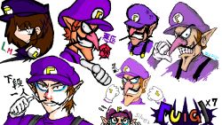 Rule 34 | 1girl, brown hair, clenched hand, creepy, facial hair, flower, gender request, genderswap, grin, mario (series), multiple persona, mustache, nintendo, nose, pointing, rose, smile, solo, super mario bros. 1, waluigi