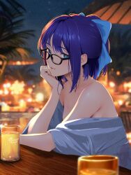 Rule 34 | 1girl, a-chan (hololive), absurdres, backlighting, bare shoulders, blue eyes, blue hair, blurry, blurry background, bow, cohi27151463, commentary request, cup, depth of field, drinking glass, elbows on table, glasses, hair bow, head rest, highres, hololive, looking at viewer, looking over eyewear, night, off shoulder, outdoors, short hair, sitting, solo, table, virtual youtuber
