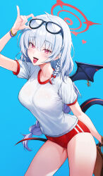 Rule 34 | 1girl, absurdres, black tail, black wings, blue archive, blue background, breasts, buruma, candy, cowboy shot, eyewear on head, fake wings, food, goeleu, grey hair, gym shirt, gym uniform, hair between eyes, halo, haruna (blue archive), haruna (track) (blue archive), highres, large breasts, long hair, official alternate costume, red buruma, red eyes, red halo, shirt, short sleeves, simple background, single wing, solo, tongue, tongue out, white shirt, wings