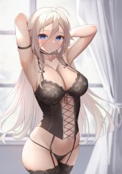 Rule 34 | 1girl, :/, ahoge, arm strap, armpits, arms up, black camisole, black choker, black panties, black thighhighs, blue eyes, blush, braid, breasts, camisole, cevio, choker, cleavage, closed mouth, collarbone, cross-laced clothes, curtains, garter straps, grey hair, hair between eyes, highres, ia (vocaloid), lace trim, large breasts, lingerie, long hair, looking at viewer, navel, panties, sakura rino, skindentation, solo, standing, string panties, thighhighs, twin braids, underwear, vocaloid