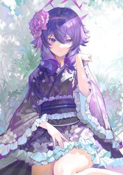 Rule 34 | 1girl, absurdres, bingansuan jiamouren, blue archive, closed mouth, commentary, flower, frilled kimono, frilled sleeves, frills, hair between eyes, hair flower, hair ornament, hairband, halo, haruka (blue archive), haruka (new year) (blue archive), highres, japanese clothes, kimono, legs, long sleeves, looking at viewer, obi, obijime, official alternate costume, purple eyes, purple hair, purple hairband, purple kimono, sash, short kimono, sitting, solo, thighs, wide sleeves