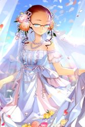 Rule 34 | 1girl, blue eyes, dress, drill hair, flower, glasses, hair flower, hair ornament, jewelry, lowres, red hair, salt (salty), skirt hold, solo, sword girls, twin drills, twintails, vernika answer, wedding dress