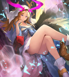 Rule 34 | 1girl, black wings, blue bow, bow, breasts, brown hair, cleavage, clenched hand, dress, foot out of frame, hand up, highres, crossed legs, looking at viewer, medium breasts, purple eyes, sitting, solo, taba comya, wings