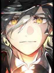 Rule 34 | 1boy, collared jacket, collared shirt, edmond dantes (fate), fate/grand order, fate (series), fedora, formal, hat, highres, jacket, looking at viewer, male focus, shirt, short hair, smile, solo, suit, tandem, wavy hair, white hair, yellow eyes
