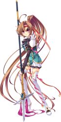 Rule 34 | 1girl, absurdly long hair, absurdres, bachou, bachou (koihime musou), boots, bow, bowtie, breasts, brown hair, eyebrows, full body, headband, highres, holding, holding weapon, koihime musou, long hair, long sleeves, looking at viewer, medium breasts, open mouth, pink eyes, pleated skirt, polearm, ponytail, skirt, solo, spear, thick eyebrows, thigh boots, thighhighs, transparent background, very long hair, weapon, yatsuha kanan, zettai ryouiki