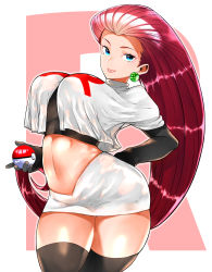 Rule 34 | 1girl, bad id, bad pixiv id, blue eyes, blush, breasts, creatures (company), earrings, elbow gloves, game freak, gloves, hair slicked back, highres, holding, holding poke ball, jessie (pokemon), jewelry, kuuneru (ojigi), large breasts, long hair, looking at viewer, midriff, miniskirt, navel, nintendo, pencil skirt, poke ball, poke ball (basic), pokemon, pokemon (anime), red hair, revision, skirt, solo, team rocket, team rocket uniform, thighhighs, white skirt