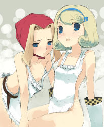 Rule 34 | 2girls, apron, arm support, atlus, blonde hair, blue eyes, blush, breasts, convenient censoring, downblouse, farmer (sekaiju), highres, leaning forward, looking at viewer, matsumate, multiple girls, naked apron, no bra, off shoulder, etrian odyssey, sekaiju no meikyuu 3, short hair, small breasts, strap slip