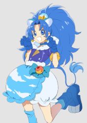 Rule 34 | 10s, 1girl, :d, animal ears, blue bow, blue eyes, blue footwear, blue gloves, blue hair, blue neckwear, blue shirt, blue skirt, blue thighhighs, boots, bow, choker, cowboy shot, crown, cure gelato, earrings, gloves, grey background, jewelry, kirakira precure a la mode, layered skirt, lion ears, lion tail, long hair, looking at viewer, magical girl, mini crown, nagiko (mangalove1111), open mouth, parted bangs, precure, shirt, simple background, single thighhigh, skirt, smile, solo, standing, standing on one leg, tail, tategami aoi, thighhighs, white skirt