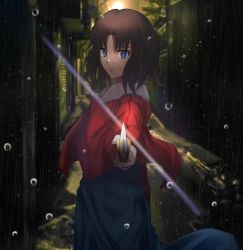 Rule 34 | 1girl, blue eyes, blue kimono, brown hair, doragonboll0127, from side, fur-trimmed jacket, fur trim, hair intakes, highres, holding, holding knife, jacket, japanese clothes, kara no kyoukai, kimono, knife, long sleeves, looking at viewer, night, open clothes, open jacket, open mouth, outdoors, rain, red jacket, ryougi shiki, short hair, solo, standing