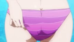 Rule 34 | 10s, adjusting clothes, adjusting swimsuit, animated, anime screenshot, ass, ass focus, ayase eli, back, bare arms, bare legs, beach, bikini, butt crack, close-up, female focus, from behind, head out of frame, legs, love live!, love live! school idol project, lower body, ocean, outdoors, pink bikini, screencap, sky, standing, striped bikini, striped clothes, swimsuit, thigh gap, water