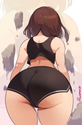 Rule 34 | 1girl, artist name, ass, bare shoulders, boku no hero academia, brown hair, crop top, from behind, highres, huge ass, probablynoon, rock, short hair, short shorts, shorts, sleeveless, solo, tank top, thick thighs, thighs, uraraka ochako, white background, wide hips, zoom layer